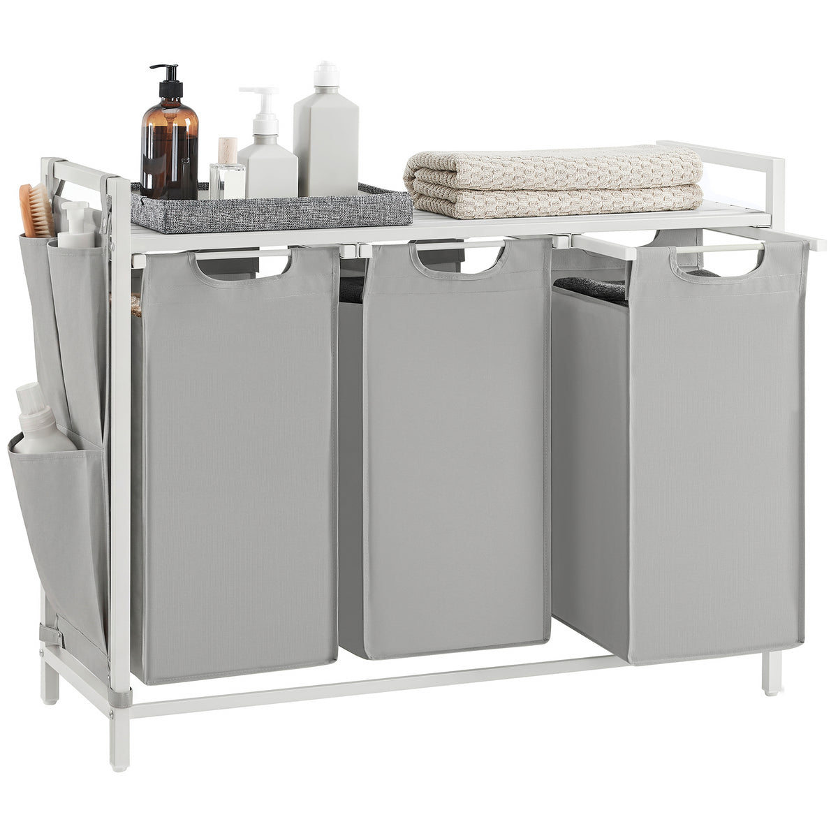VASAGLE Laundry Hamper, Laundry Basket, Laundry Sorter with 3 Pull-Out and Removable Bags, Shelf, Metal Frame, 2 x 12.1 Gallons (46L), 36.4 x 13 x 28.3 Inches, Dove Gray and Cloud White
