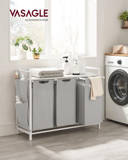 VASAGLE Laundry Hamper, Laundry Basket, Laundry Sorter with 3 Pull-Out and Removable Bags, Shelf, Metal Frame, 2 x 12.1 Gallons (46L), 36.4 x 13 x 28.3 Inches, Dove Gray and Cloud White