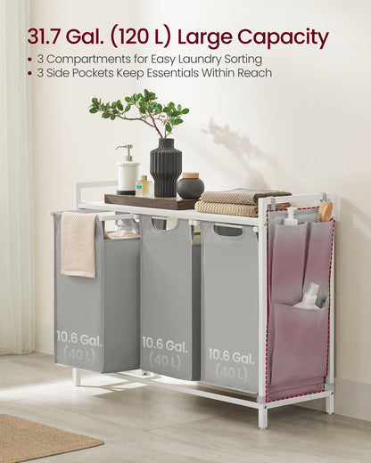 VASAGLE Laundry Hamper, Laundry Basket, Laundry Sorter with 3 Pull-Out and Removable Bags, Shelf, Metal Frame, 2 x 12.1 Gallons (46L), 36.4 x 13 x 28.3 Inches, Dove Gray and Cloud White