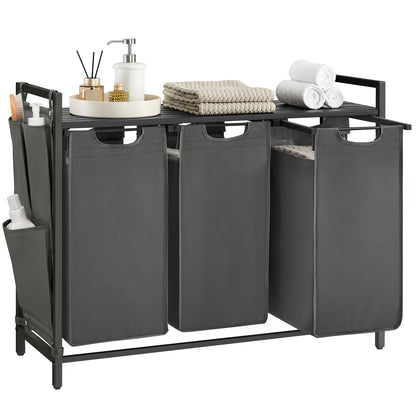 VASAGLE Laundry Hamper, Laundry Basket, Laundry Sorter with 3 Pull-Out and Removable Bags, Shelf, Metal Frame, 3 x 12.1 Gallons (46L), 36.4 x 13 x 28.3 Inches, Slate Gray and Charcoal Gray