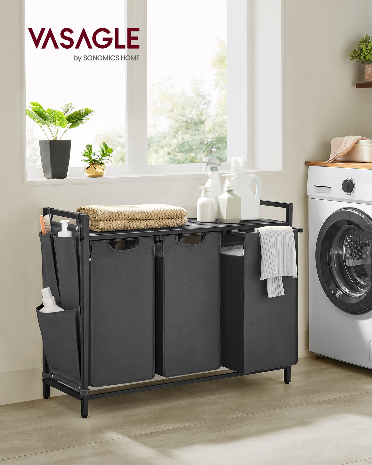 VASAGLE Laundry Hamper, Laundry Basket, Laundry Sorter with 3 Pull-Out and Removable Bags, Shelf, Metal Frame, 3 x 12.1 Gallons (46L), 36.4 x 13 x 28.3 Inches, Slate Gray and Charcoal Gray