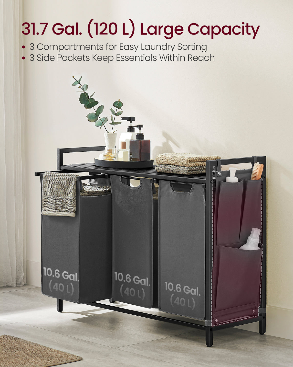 VASAGLE Laundry Hamper, Laundry Basket, Laundry Sorter with 3 Pull-Out and Removable Bags, Shelf, Metal Frame, 3 x 12.1 Gallons (46L), 36.4 x 13 x 28.3 Inches, Slate Gray and Charcoal Gray