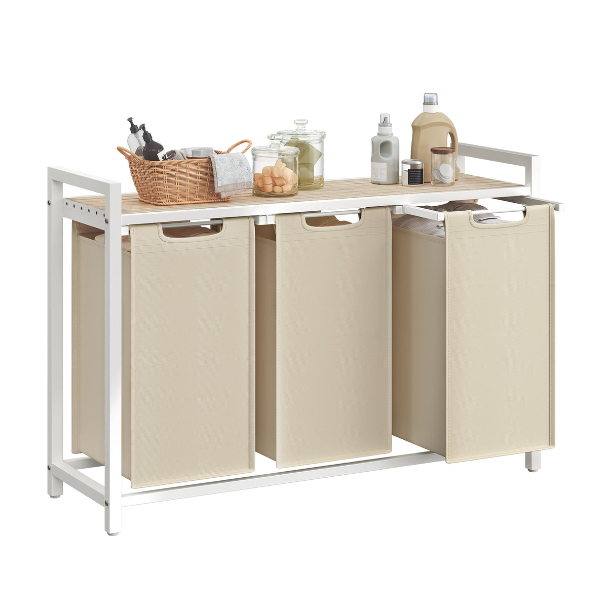VASAGLE Laundry Hamper, Laundry Basket Sorter with 3 Pull-Out and Removable Bags, Shelf, Metal Frame, 3 x 10.6 Gallons (40 L), 36.4 x 13 x 28.4 Inches, Cappuccino Beige and Natural Beige