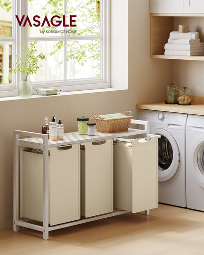 VASAGLE Laundry Hamper, Laundry Basket Sorter with 3 Pull-Out and Removable Bags, Shelf, Metal Frame, 3 x 10.6 Gallons (40 L), 36.4 x 13 x 28.4 Inches, Cappuccino Beige and Natural Beige
