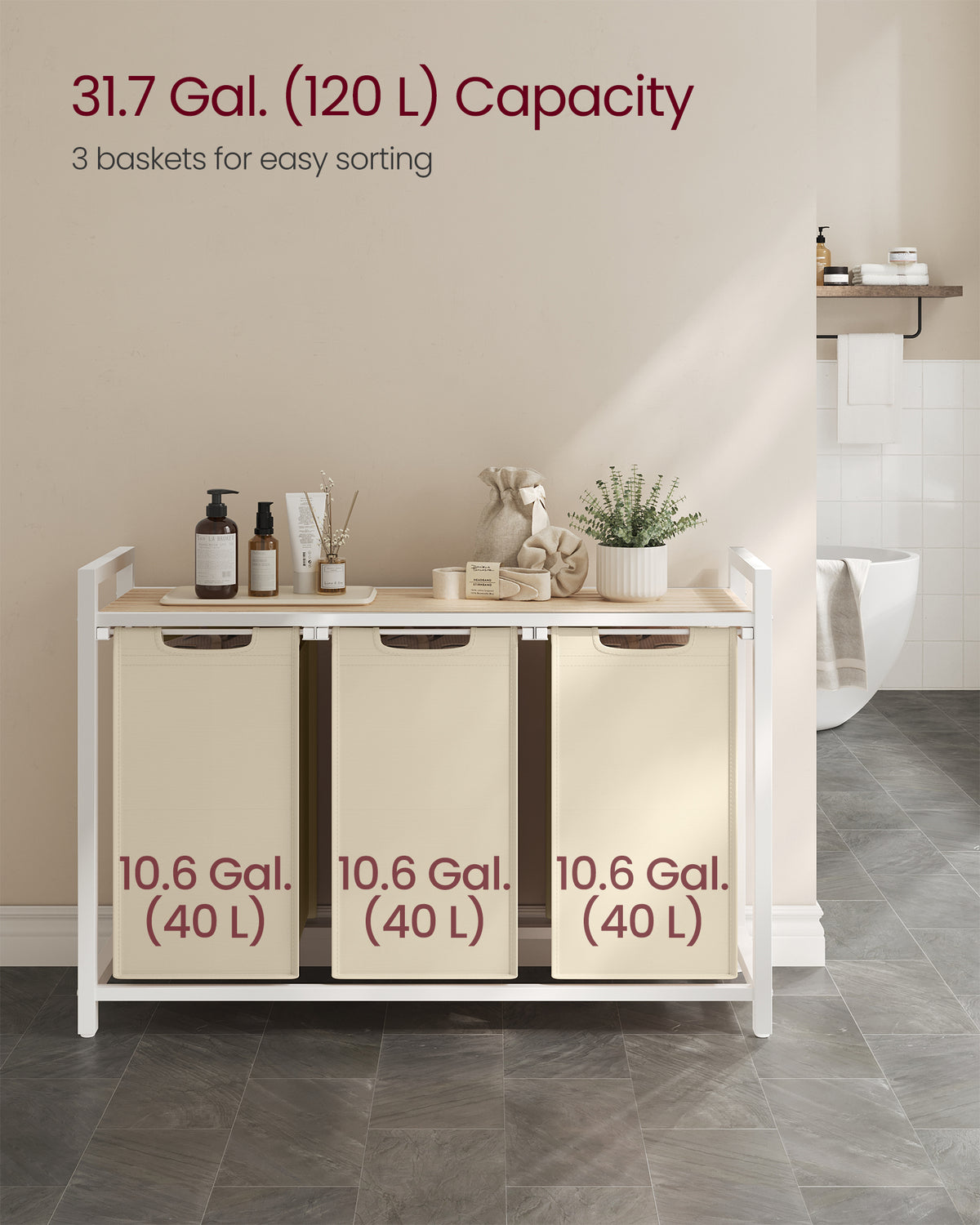 VASAGLE Laundry Hamper, Laundry Basket Sorter with 3 Pull-Out and Removable Bags, Shelf, Metal Frame, 3 x 10.6 Gallons (40 L), 36.4 x 13 x 28.4 Inches, Cappuccino Beige and Natural Beige