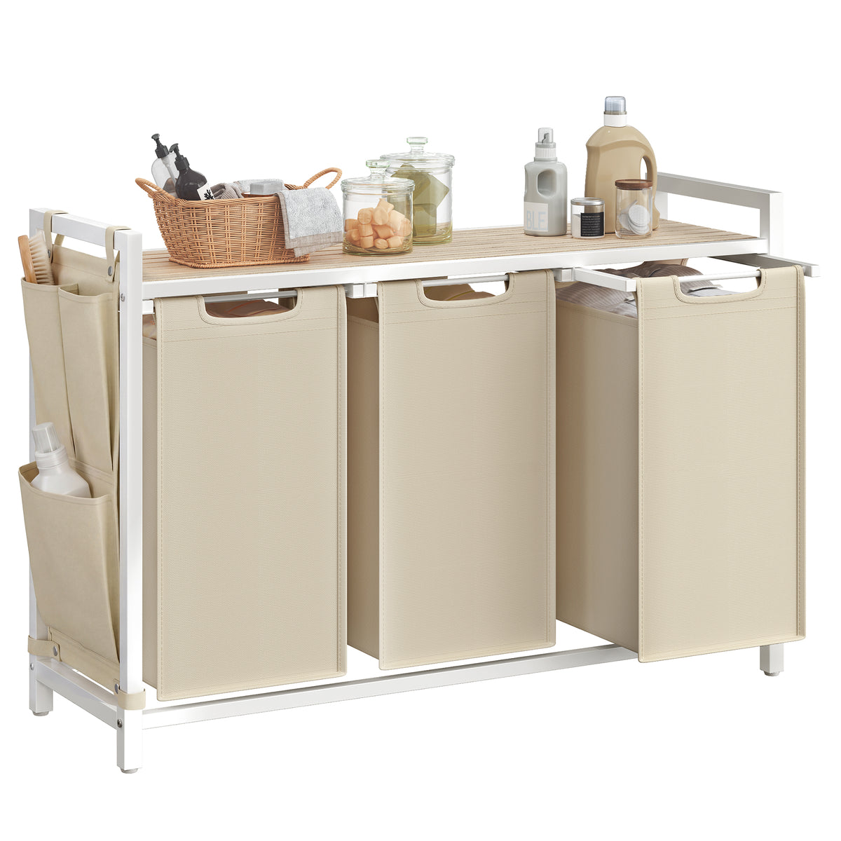 VASAGLE Laundry Hamper, Laundry Basket, Laundry Sorter with 2 Pull-Out and Removable Bags, Shelf, Metal Frame, 2 x 12.1 Gallons (46L), 36.4 x 13 x 28.3 Inches, Cappuccino Beige and Natural Beige