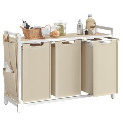 VASAGLE Laundry Hamper, Laundry Basket, Laundry Sorter with 2 Pull-Out and Removable Bags, Shelf, Metal Frame, 2 x 12.1 Gallons (46L), 36.4 x 13 x 28.3 Inches, Cappuccino Beige and Natural Beige