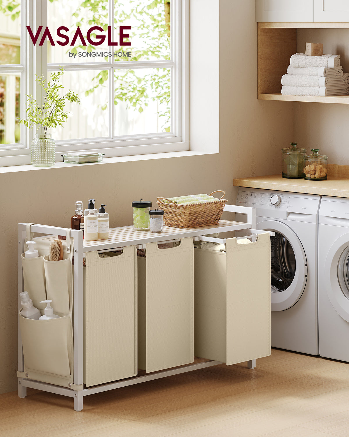 VASAGLE Laundry Hamper, Laundry Basket, Laundry Sorter with 2 Pull-Out and Removable Bags, Shelf, Metal Frame, 2 x 12.1 Gallons (46L), 36.4 x 13 x 28.3 Inches, Cappuccino Beige and Natural Beige