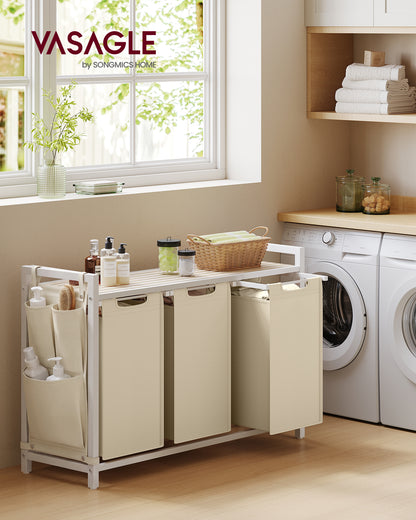 VASAGLE Laundry Hamper, Laundry Basket, Laundry Sorter with 2 Pull-Out and Removable Bags, Shelf, Metal Frame, 2 x 12.1 Gallons (46L), 36.4 x 13 x 28.3 Inches, Cappuccino Beige and Natural Beige
