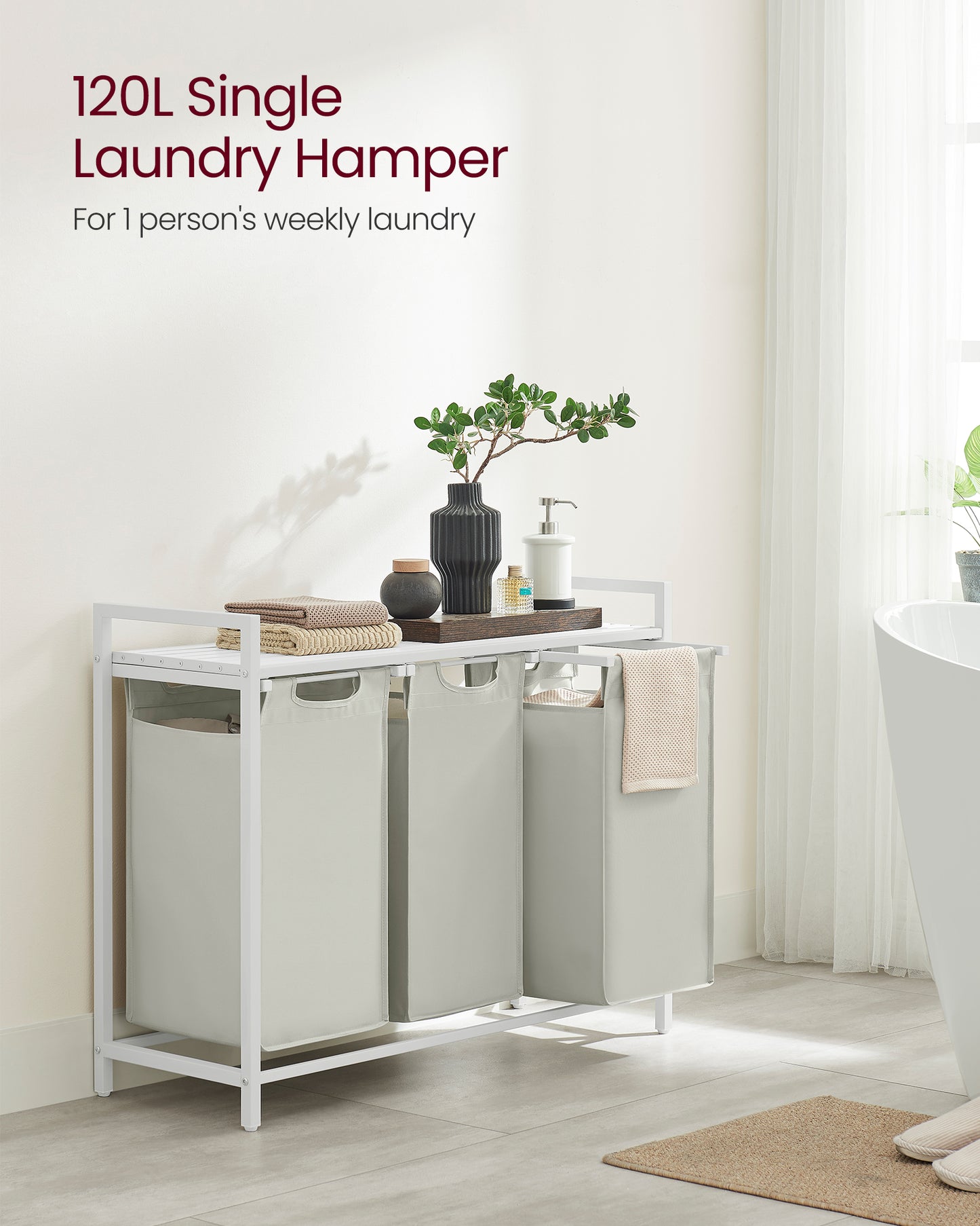 Laundry Hamper, Laundry Basket, Laundry Sorter with 3 Pull-Out and Removable Bags, Shelf, Metal Frame, 3 x 10 Gallons