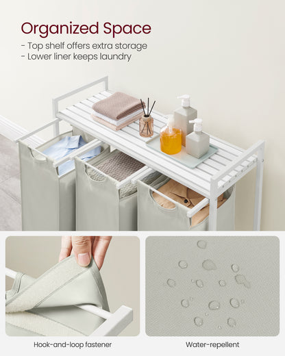 Laundry Hamper, Laundry Basket, Laundry Sorter with 3 Pull-Out and Removable Bags, Shelf, Metal Frame, 3 x 10 Gallons