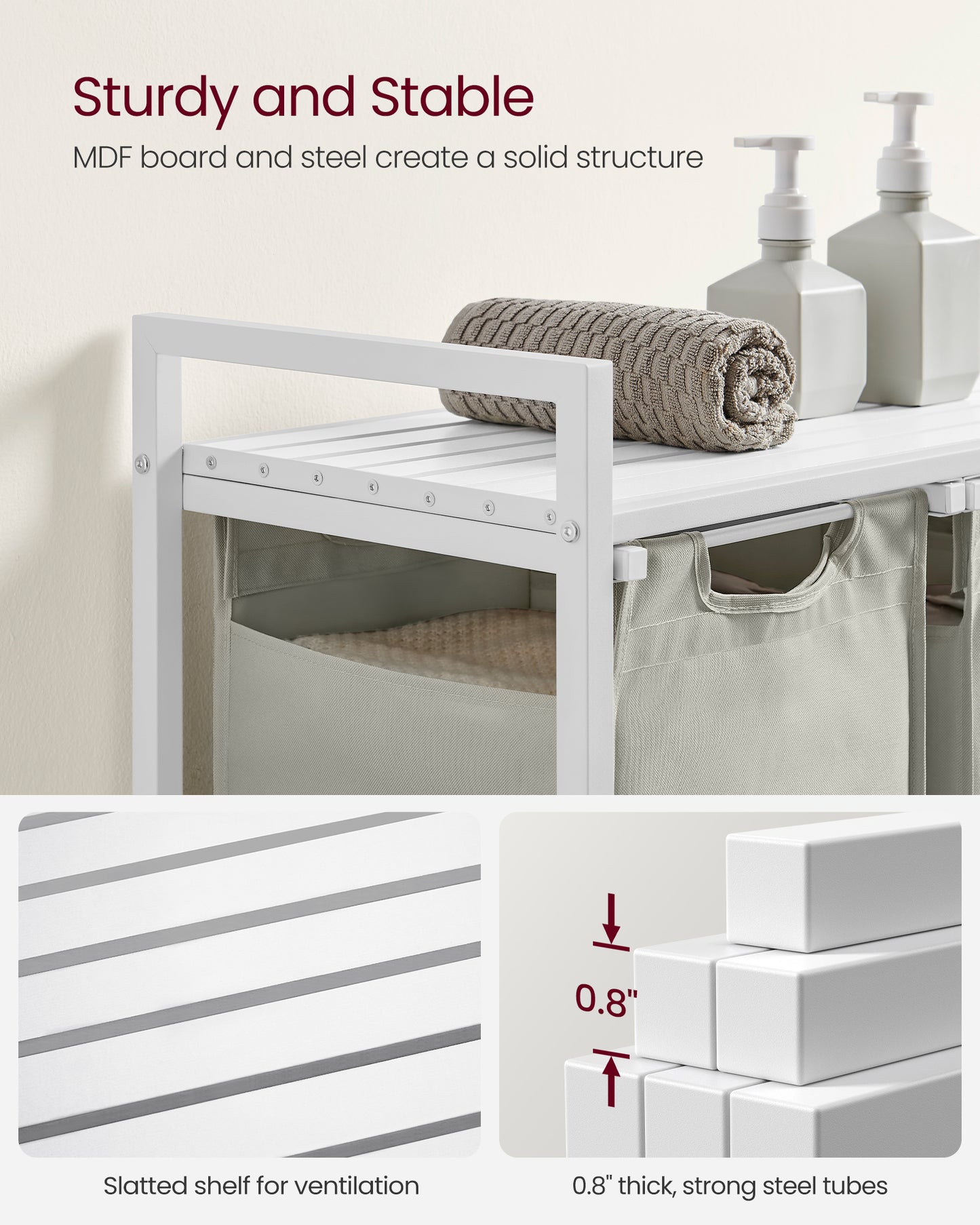 Laundry Hamper, Laundry Basket, Laundry Sorter with 3 Pull-Out and Removable Bags, Shelf, Metal Frame, 3 x 10 Gallons