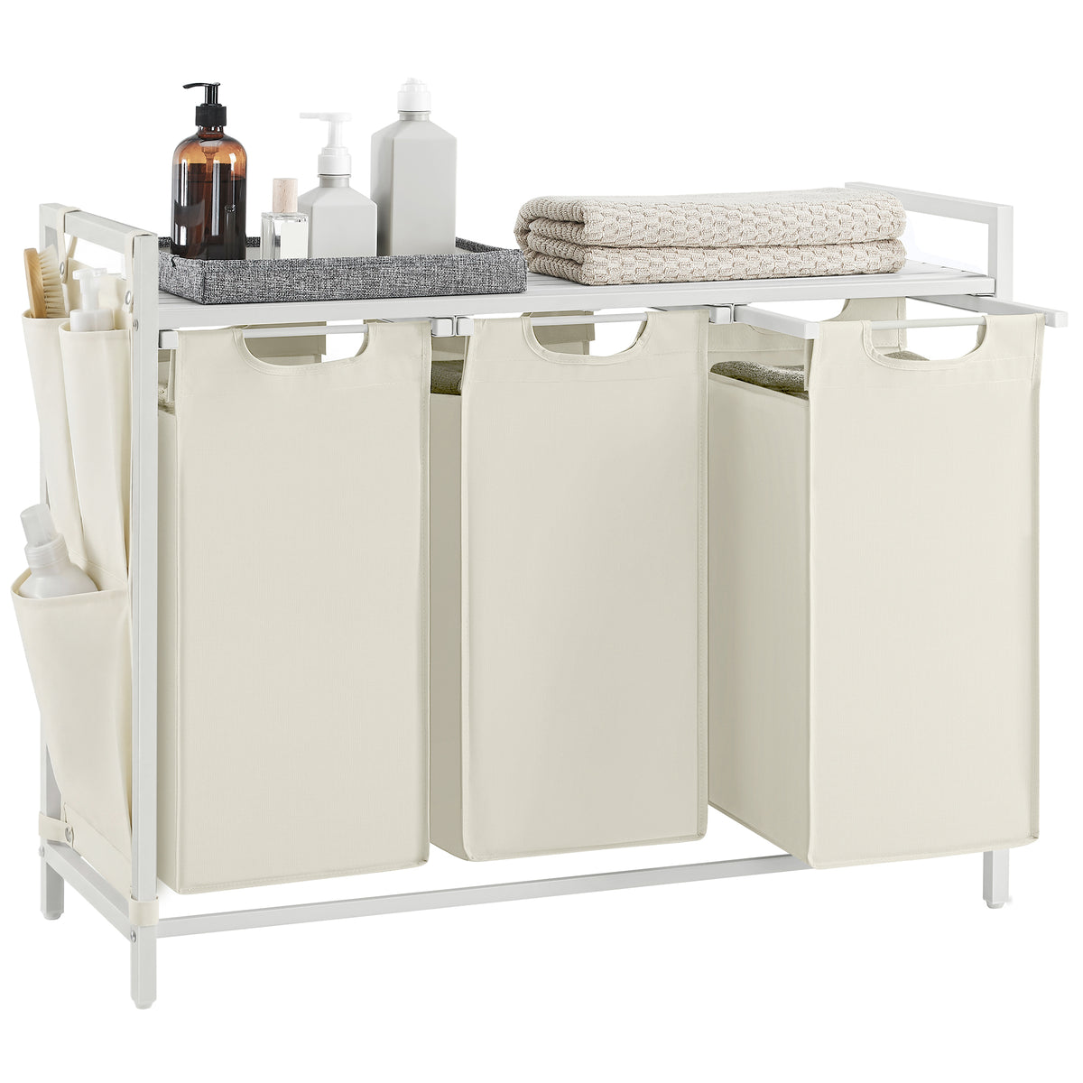 VASAGLE Laundry Hamper, Laundry Basket, Laundry Sorter with 3 Pull-Out and Removable Bags, Shelf, Metal Frame, 3 x 12.1 Gallons (46L), 36.4 x 13 x 28.3 Inches, Cream White and Cloud White