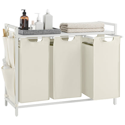 VASAGLE Laundry Hamper, Laundry Basket, Laundry Sorter with 3 Pull-Out and Removable Bags, Shelf, Metal Frame, 3 x 12.1 Gallons (46L), 36.4 x 13 x 28.3 Inches, Cream White and Cloud White