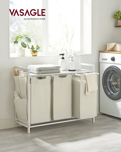 VASAGLE Laundry Hamper, Laundry Basket, Laundry Sorter with 3 Pull-Out and Removable Bags, Shelf, Metal Frame, 3 x 12.1 Gallons (46L), 36.4 x 13 x 28.3 Inches, Cream White and Cloud White