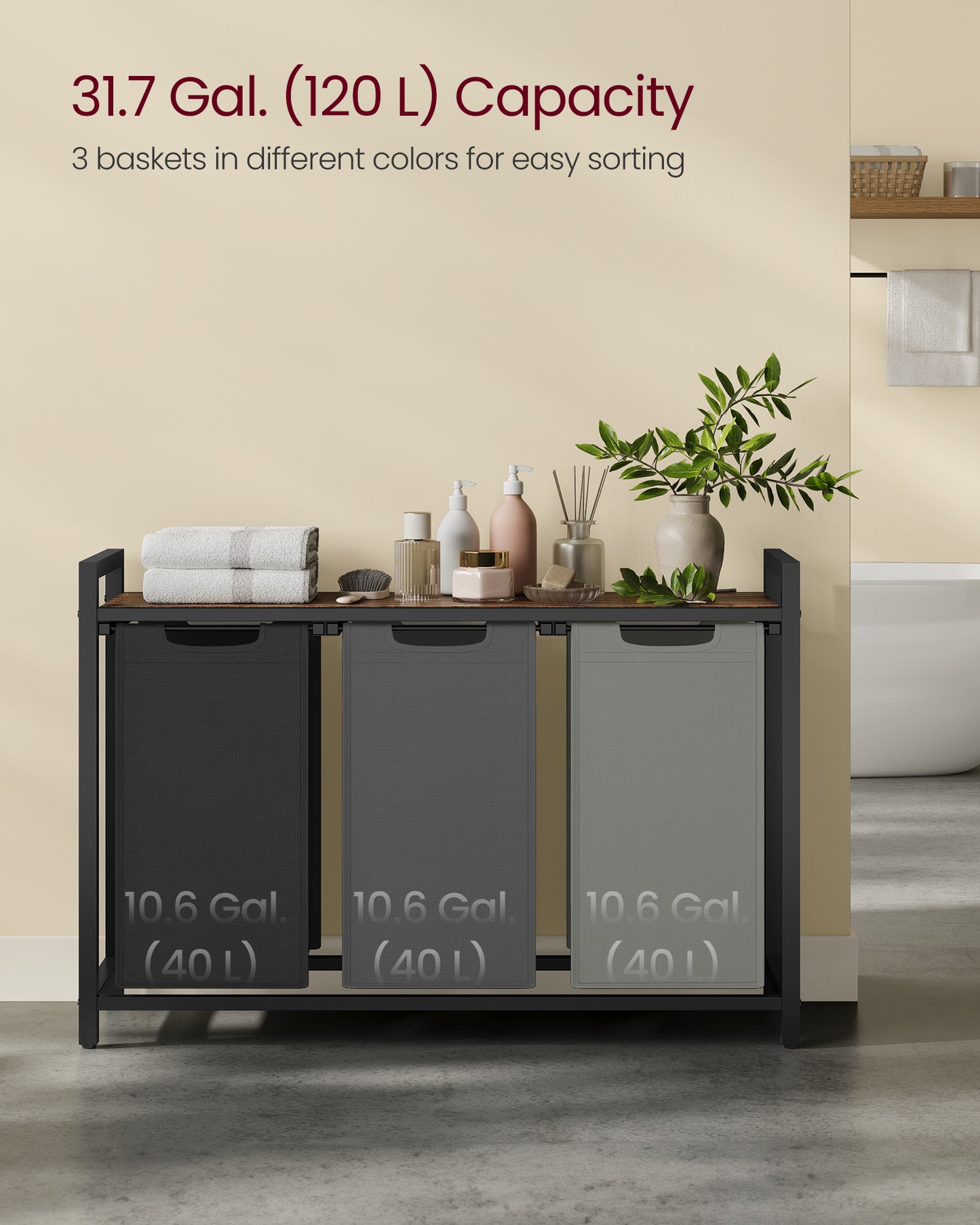 3-Compartment Laundry Hamper Sorter with Removable Bags, Pull-Out Liners, Ventilated Shelf & Sturdy Metal Frame ¨C 31.7 Gallons Capacity, Rustic Brown