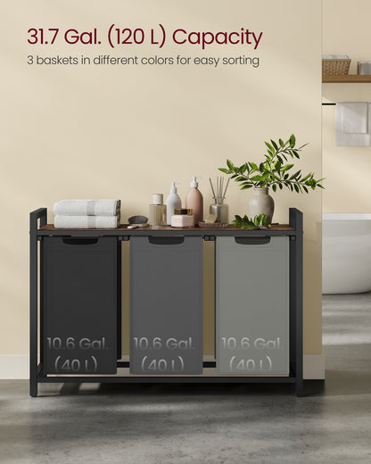 3-Compartment Laundry Hamper Sorter with Removable Bags, Pull-Out Liners, Ventilated Shelf & Sturdy Metal Frame ¨C 31.7 Gallons Capacity, Rustic Brown