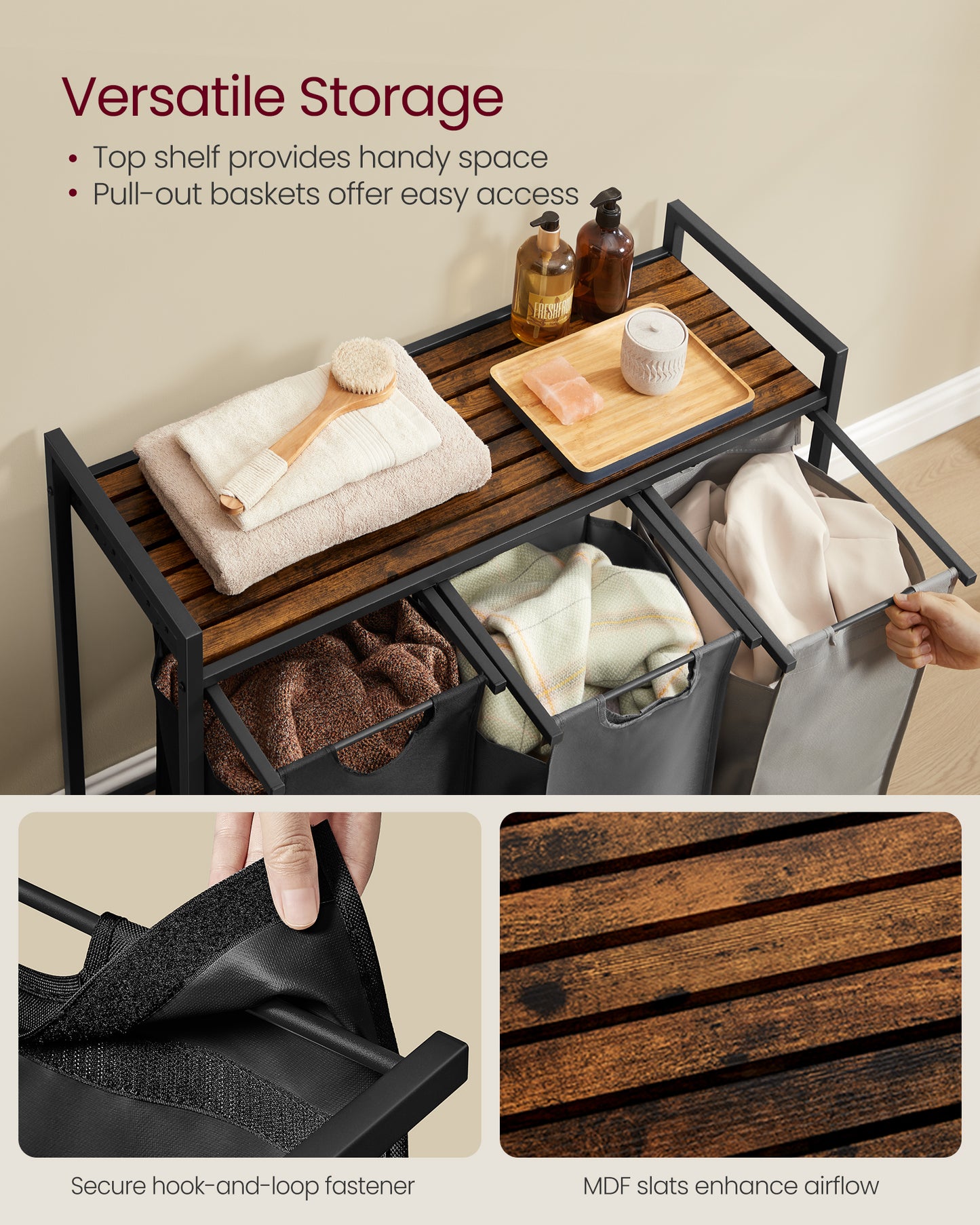 3-Compartment Laundry Hamper Sorter with Removable Bags, Pull-Out Liners, Ventilated Shelf & Sturdy Metal Frame ¨C 31.7 Gallons Capacity, Rustic Brown