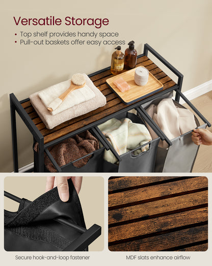 3-Compartment Laundry Hamper Sorter with Removable Bags, Pull-Out Liners, Ventilated Shelf & Sturdy Metal Frame ¨C 31.7 Gallons Capacity, Rustic Brown