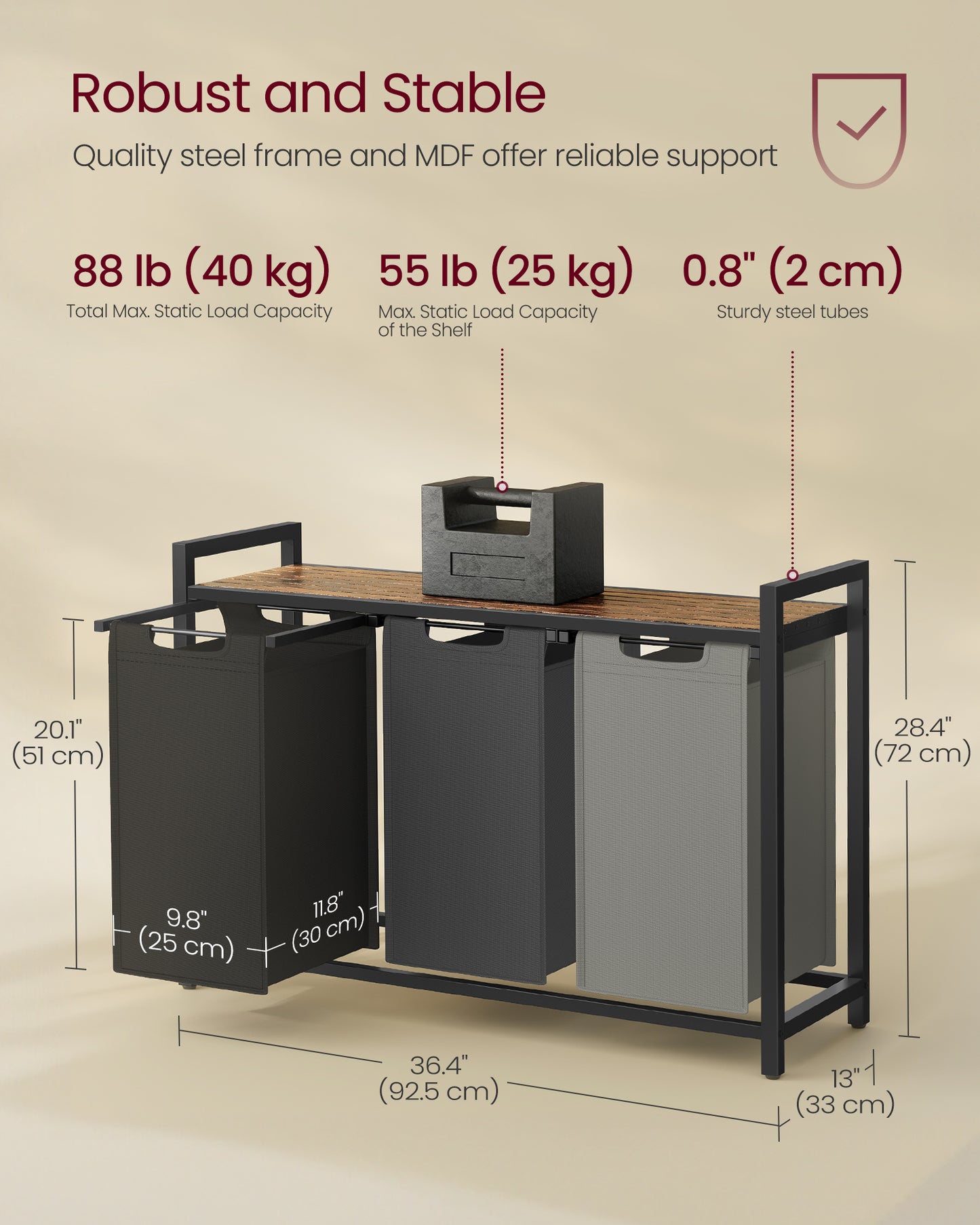 3-Compartment Laundry Hamper Sorter with Removable Bags, Pull-Out Liners, Ventilated Shelf & Sturdy Metal Frame ¨C 31.7 Gallons Capacity, Rustic Brown