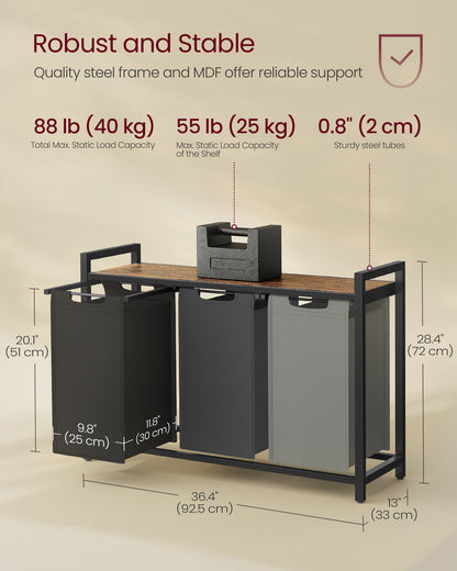3-Compartment Laundry Hamper Sorter with Removable Bags, Pull-Out Liners, Ventilated Shelf & Sturdy Metal Frame ¨C 31.7 Gallons Capacity, Rustic Brown