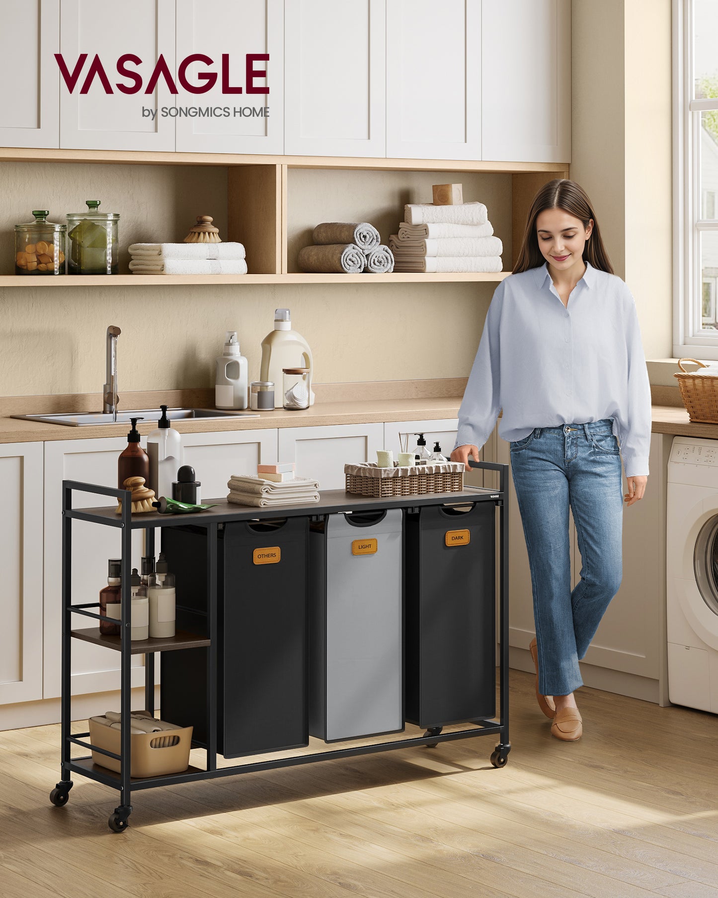 VASAGLE Laundry Hamper with 3 Compartments, 39.6 Gal. Laundry Sorter, Rolling Laundry Cart with Shelves, Removable Liners, 6 Labels, Chestnut Brown, Ink Black and Dove Gray
