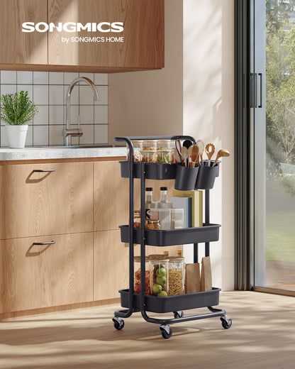 SONGMICS Rolling Cart, 3-Tier Storage Cart, Storage Trolley with Handle 2 Small Organizers, Steel Frame, Plastic Baskets, Utility Cart, Easy Assembly