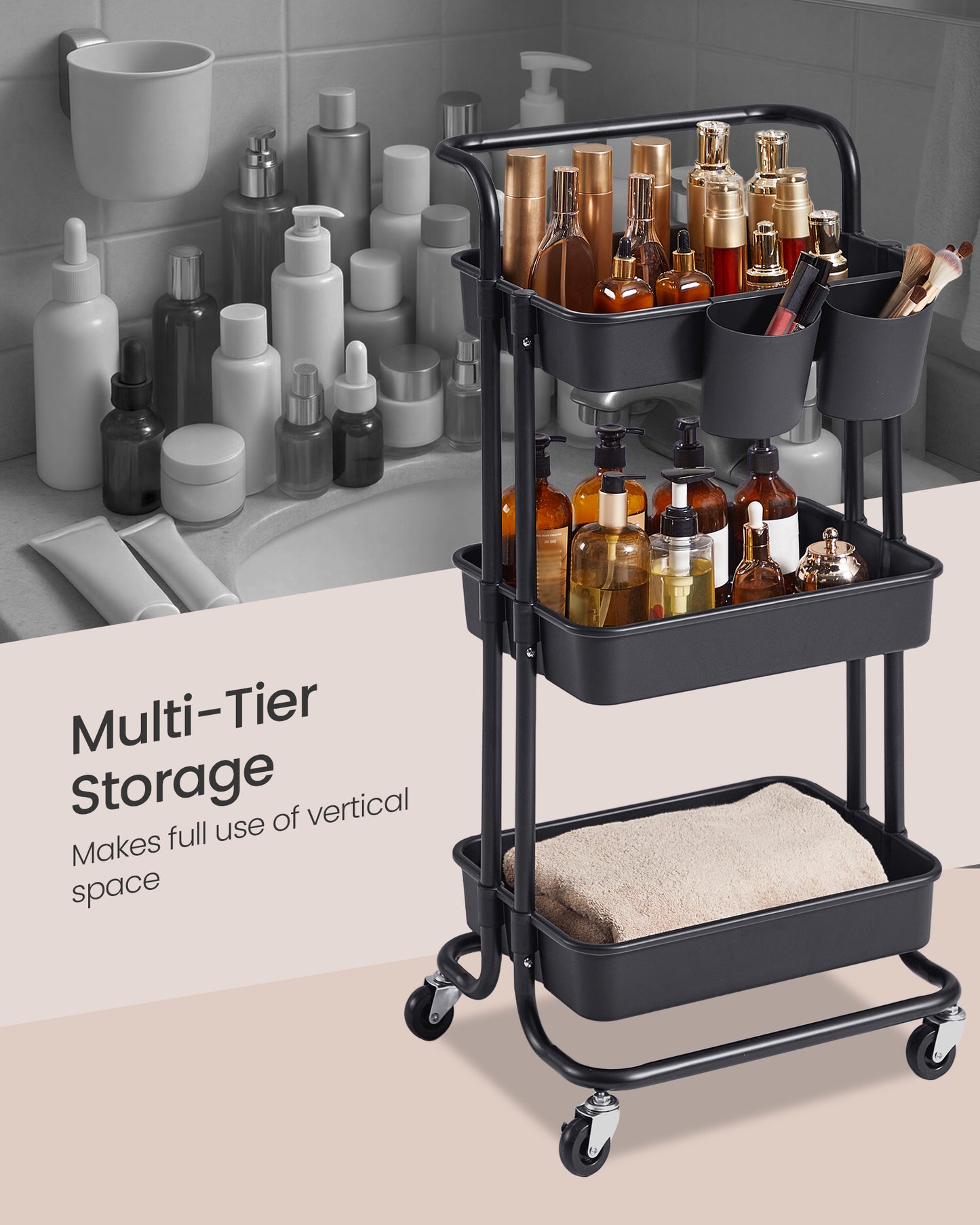 SONGMICS Rolling Cart, 3-Tier Storage Cart, Storage Trolley with Handle 2 Small Organizers, Steel Frame, Plastic Baskets, Utility Cart, Easy Assembly
