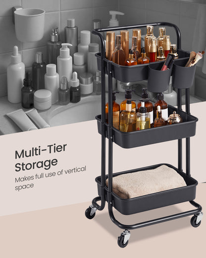 SONGMICS Rolling Cart, 3-Tier Storage Cart, Storage Trolley with Handle 2 Small Organizers, Steel Frame, Plastic Baskets, Utility Cart, Easy Assembly