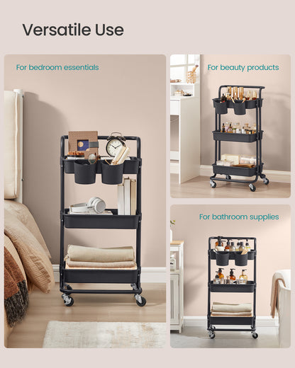 SONGMICS Rolling Cart, 3-Tier Storage Cart, Storage Trolley with Handle 2 Small Organizers, Steel Frame, Plastic Baskets, Utility Cart, Easy Assembly