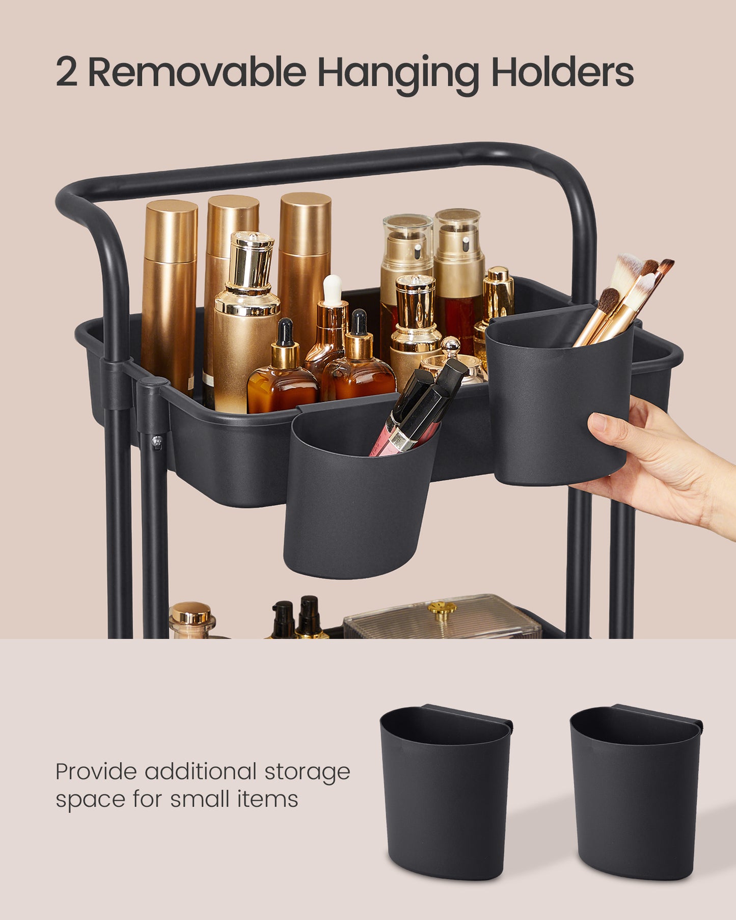 SONGMICS Rolling Cart, 3-Tier Storage Cart, Storage Trolley with Handle 2 Small Organizers, Steel Frame, Plastic Baskets, Utility Cart, Easy Assembly
