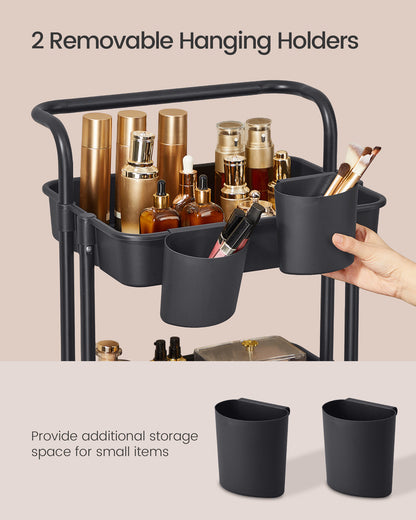 SONGMICS Rolling Cart, 3-Tier Storage Cart, Storage Trolley with Handle 2 Small Organizers, Steel Frame, Plastic Baskets, Utility Cart, Easy Assembly