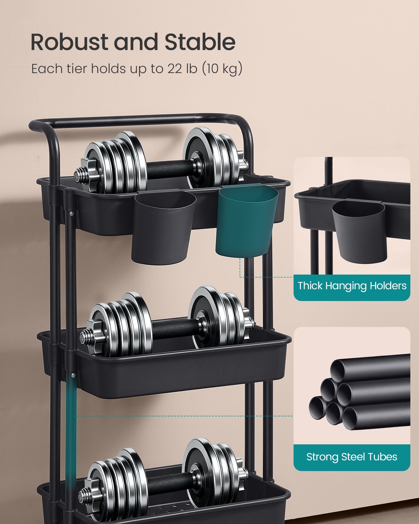 SONGMICS Rolling Cart, 3-Tier Storage Cart, Storage Trolley with Handle 2 Small Organizers, Steel Frame, Plastic Baskets, Utility Cart, Easy Assembly