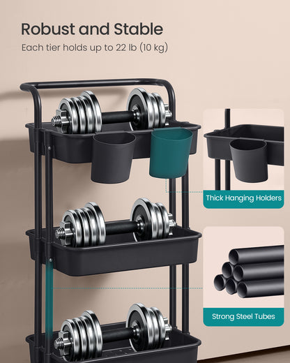 SONGMICS Rolling Cart, 3-Tier Storage Cart, Storage Trolley with Handle 2 Small Organizers, Steel Frame, Plastic Baskets, Utility Cart, Easy Assembly