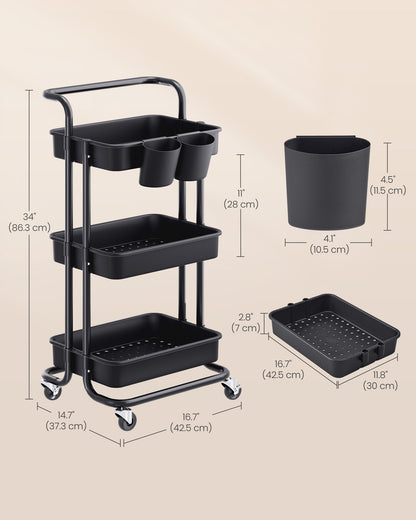 SONGMICS Rolling Cart, 3-Tier Storage Cart, Storage Trolley with Handle 2 Small Organizers, Steel Frame, Plastic Baskets, Utility Cart, Easy Assembly