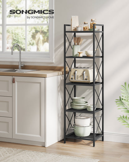 SONGMICS 5-Tier Metal Storage Rack, Shelving Unit with X Side Frames, Dense Mesh, 12.6 x 15.7 x 57.3 Inches, Ink Black