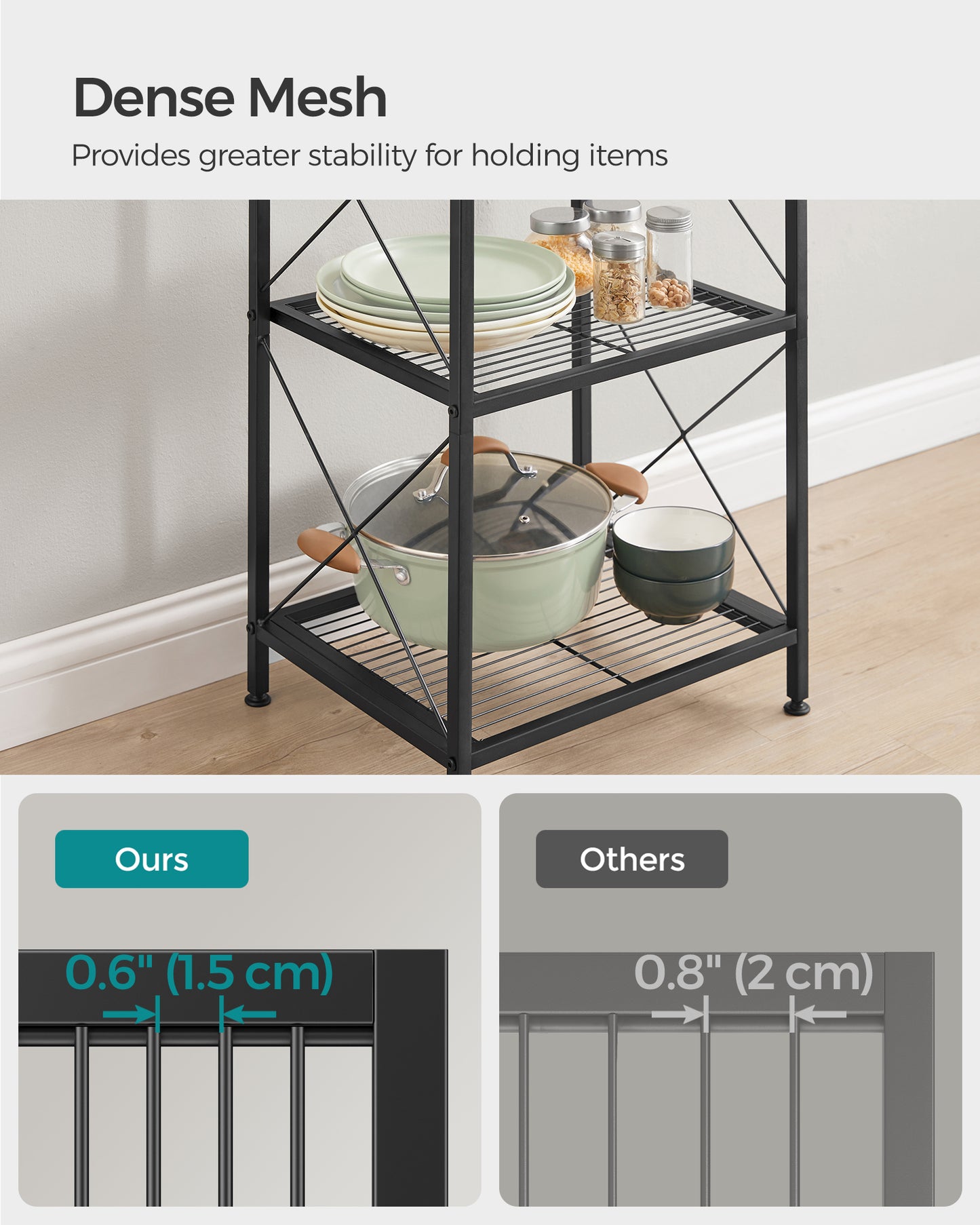 SONGMICS 5-Tier Metal Storage Rack, Shelving Unit with X Side Frames, Dense Mesh, 12.6 x 15.7 x 57.3 Inches, Ink Black