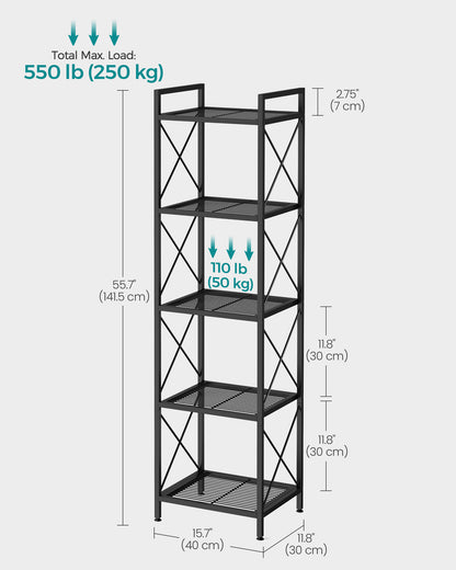 SONGMICS 5-Tier Metal Storage Rack, Shelving Unit with X Side Frames, Dense Mesh, 12.6 x 15.7 x 57.3 Inches, Ink Black