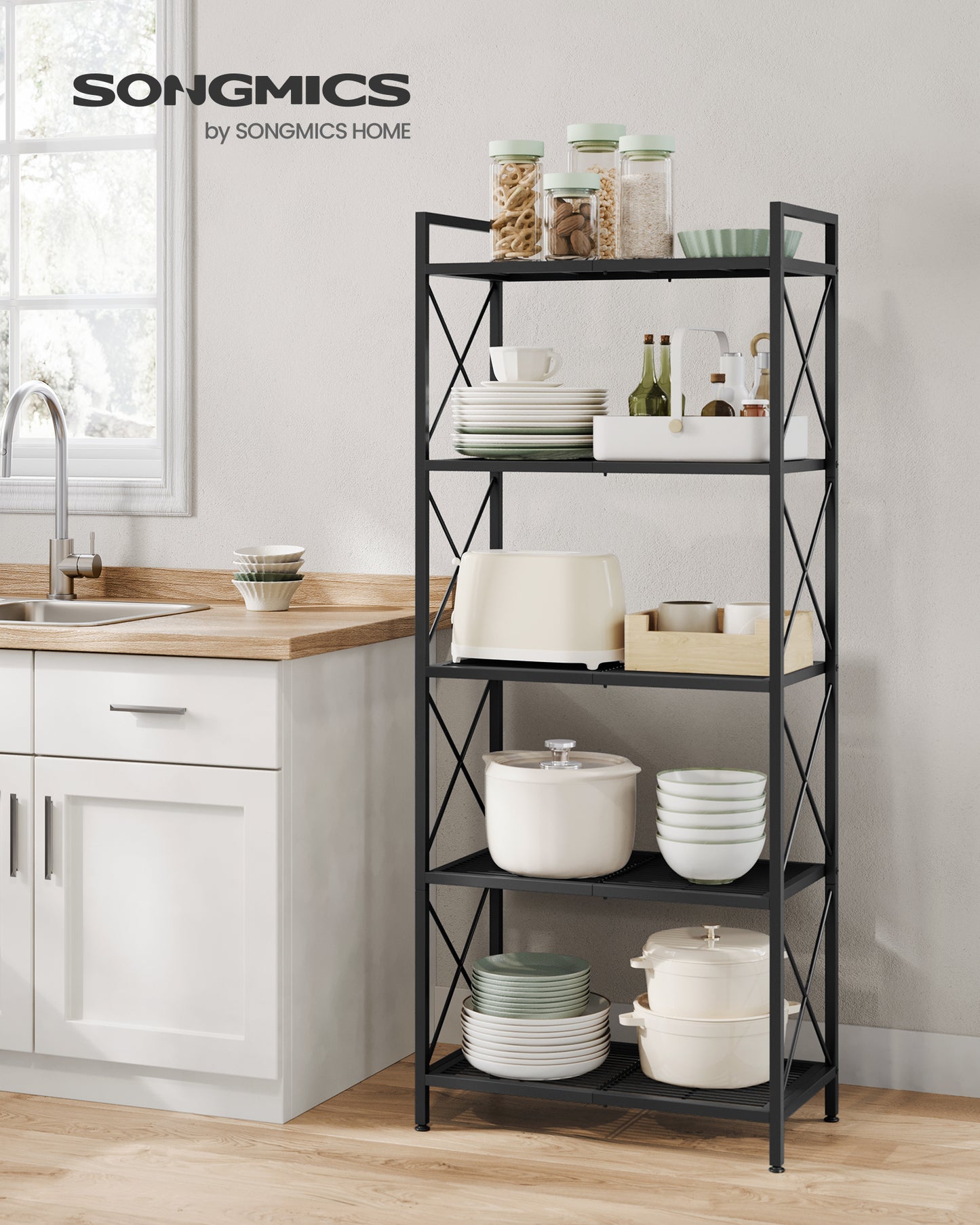 SONGMICS 5-Tier Storage Shelf Shelving Unit Heavy Duty Kitchen Storage Metal Garage Storage Organizer with X Side Frames Black