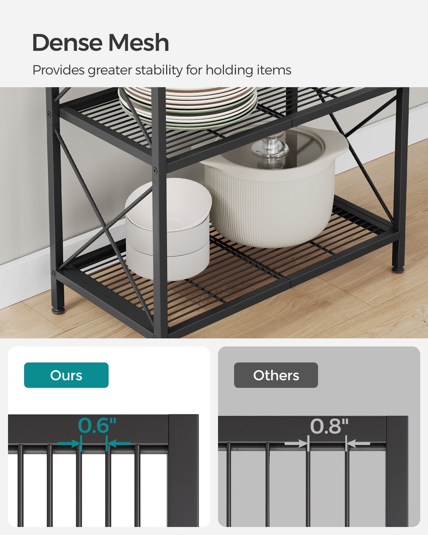 5-Tier Metal Storage Rack, Storage Shelves, Kitchen Shelf with Side Frames and Dense Mesh, 12.6 x 23.6 x 57.3 Inches, for Entryway, Kitchen