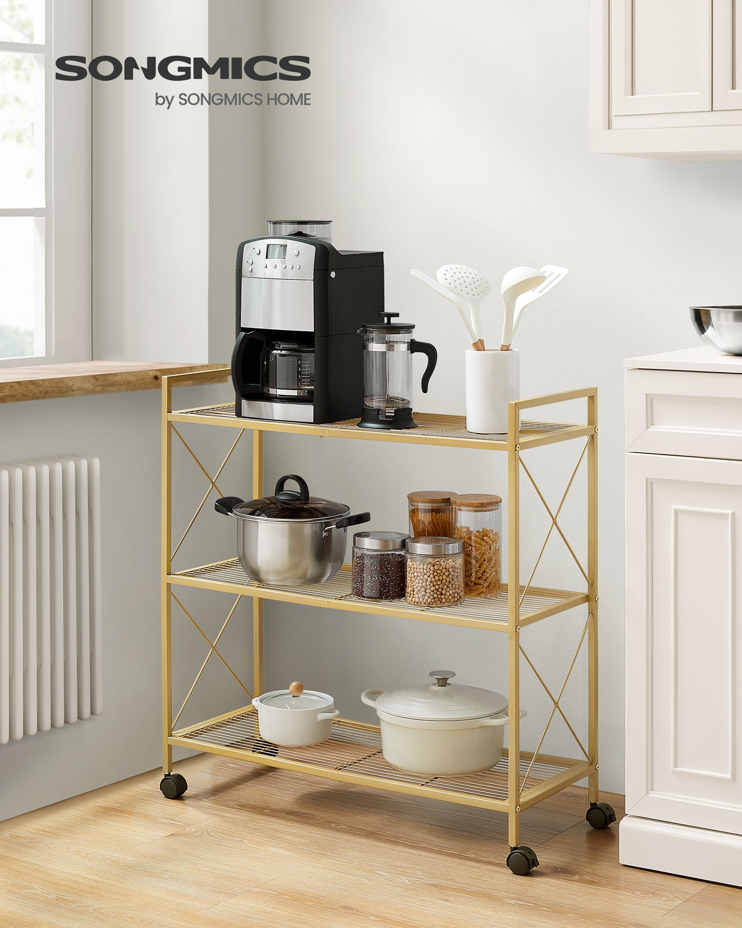 3-Tier Rolling Storage Cart, All-Metal Frame with X-Braced Sides and Wire Mesh Shelves, 31.5" Wide Mobile Organizer with Locking Casters, Gold