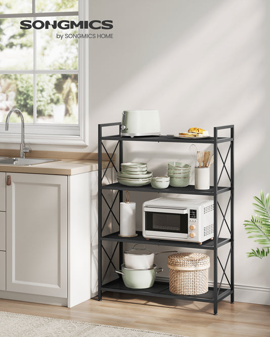 Ink Black 4 - Tier Metal Storage Rack with X Side Frames and Dense Mesh, Sized 12.6 x 31.5 x 44.3 Inches. Ideal Industrial Style Shelving Unit