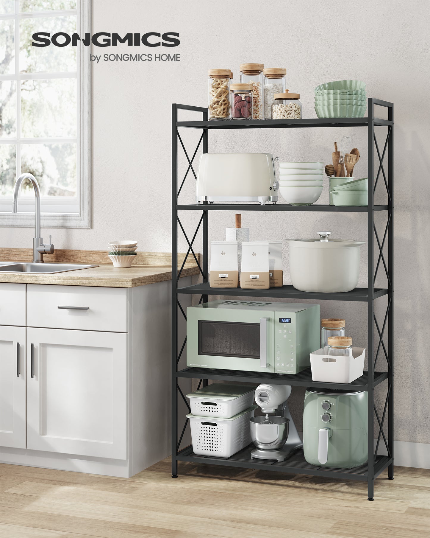 5-Tier Metal Storage Rack, Shelving Unit with X Side Frames, 12.6 x 31.5 x 57.3 Inches, for Kitchen, Living Room, Bathroom, Garage, Ink Black