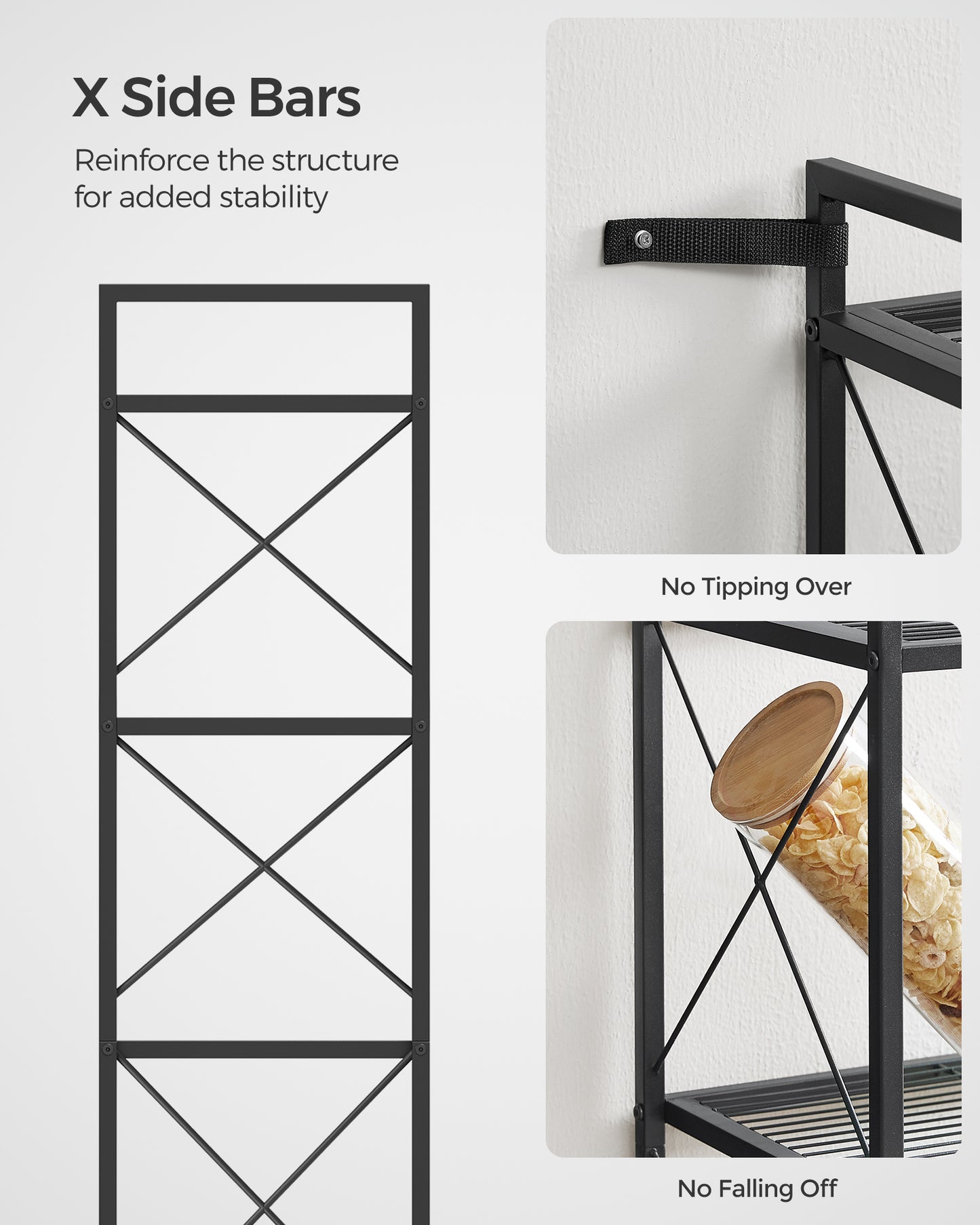 5-Tier Metal Storage Rack, Shelving Unit with X Side Frames, 12.6 x 31.5 x 57.3 Inches, for Kitchen, Living Room, Bathroom, Garage, Ink Black