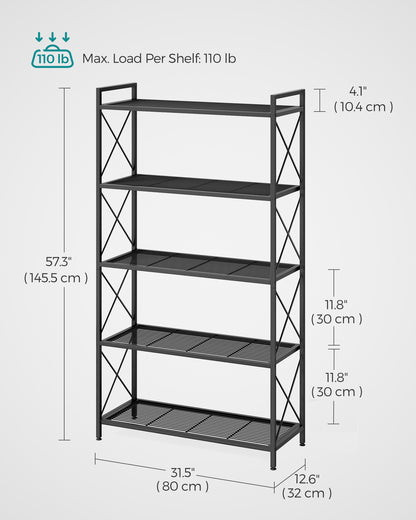 5-Tier Metal Storage Rack, Shelving Unit with X Side Frames, 12.6 x 31.5 x 57.3 Inches, for Kitchen, Living Room, Bathroom, Garage, Ink Black
