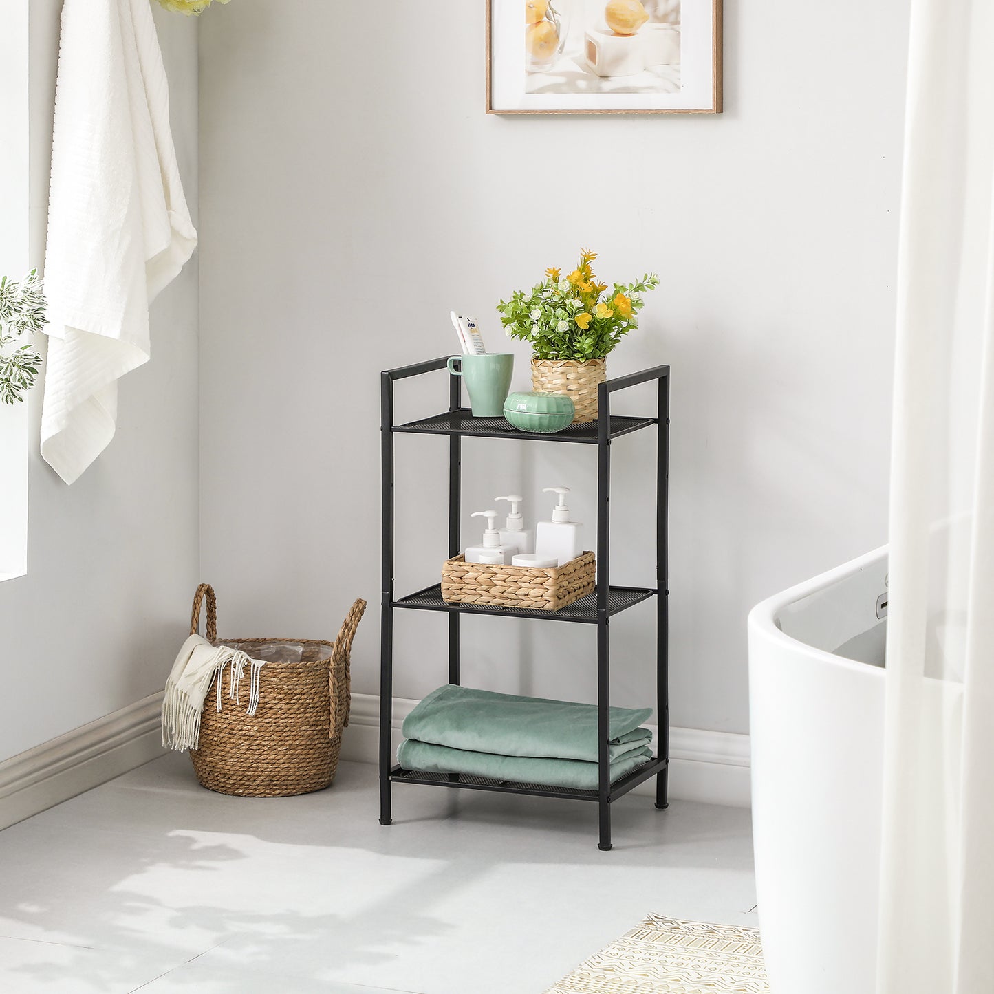 3-Tier Storage Rack, Bathroom Shelf, Extendable Plant Stand with Adjustable Shelf, for Bathroom, Living Room, Balcony, Kitchen, Black