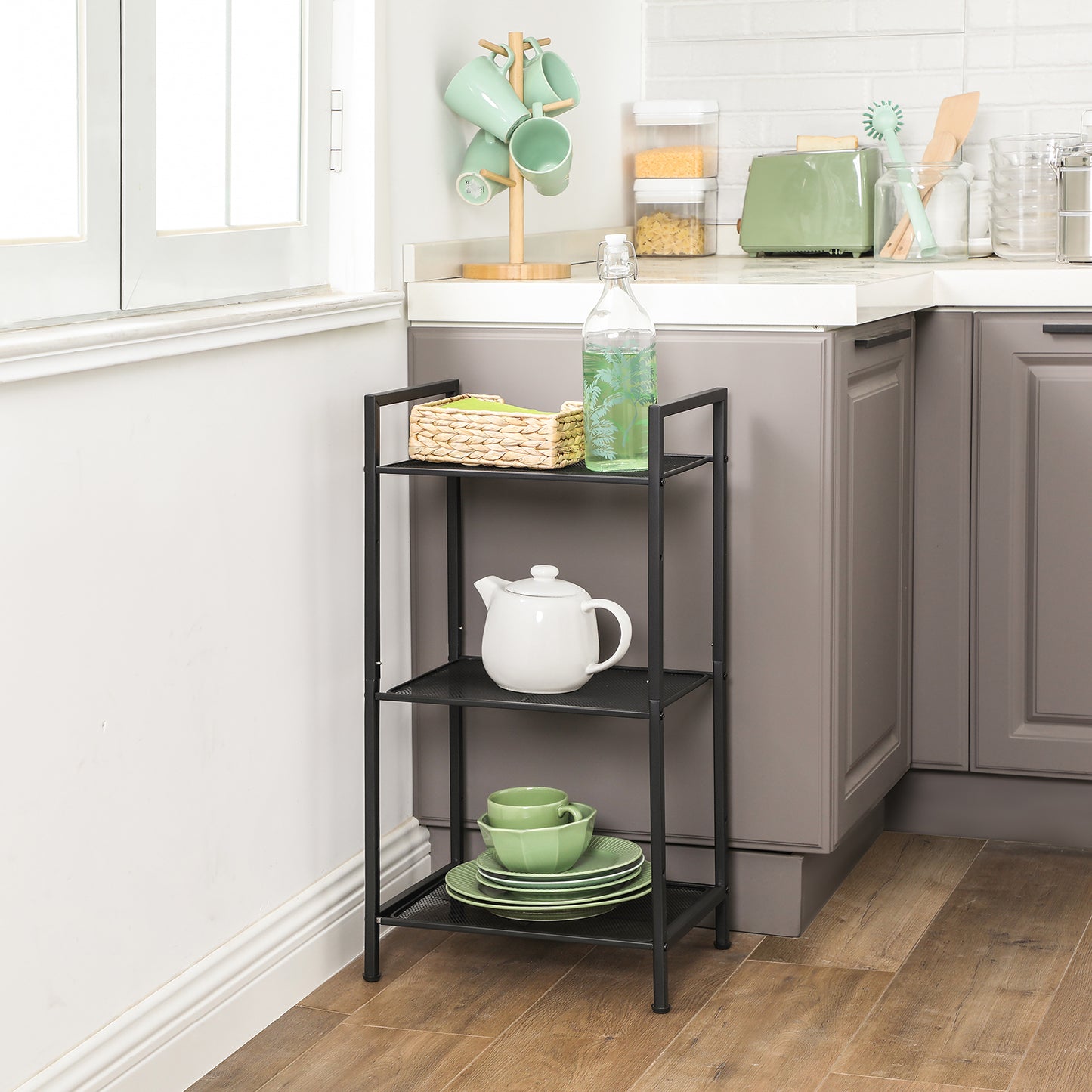 3-Tier Storage Rack, Bathroom Shelf, Extendable Plant Stand with Adjustable Shelf, for Bathroom, Living Room, Balcony, Kitchen, Black