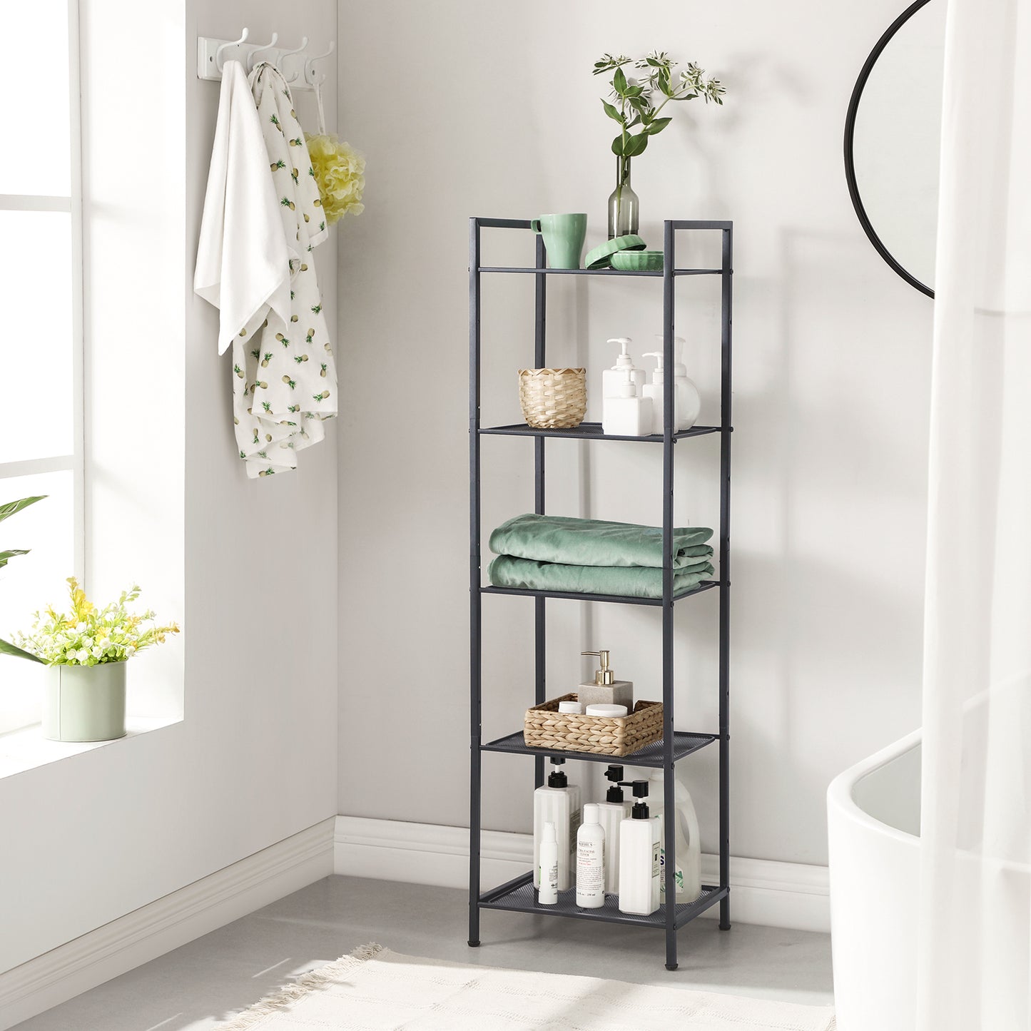 5-Tier Storage Rack, Bathroom Shelf, Extendable Plant Stand with Adjustable Shelf, for Bathroom, Living Room, Balcony, Kitchen, Black