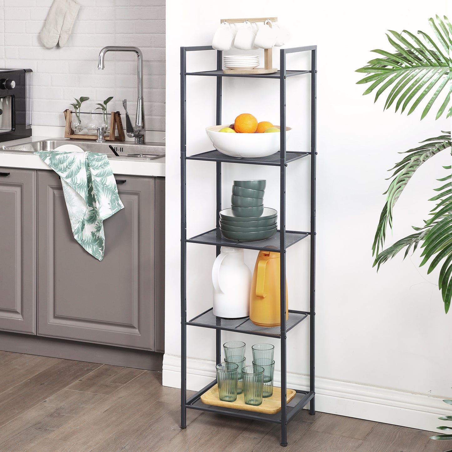 5-Tier Storage Rack, Bathroom Shelf, Extendable Plant Stand with Adjustable Shelf, for Bathroom, Living Room, Balcony, Kitchen, Black
