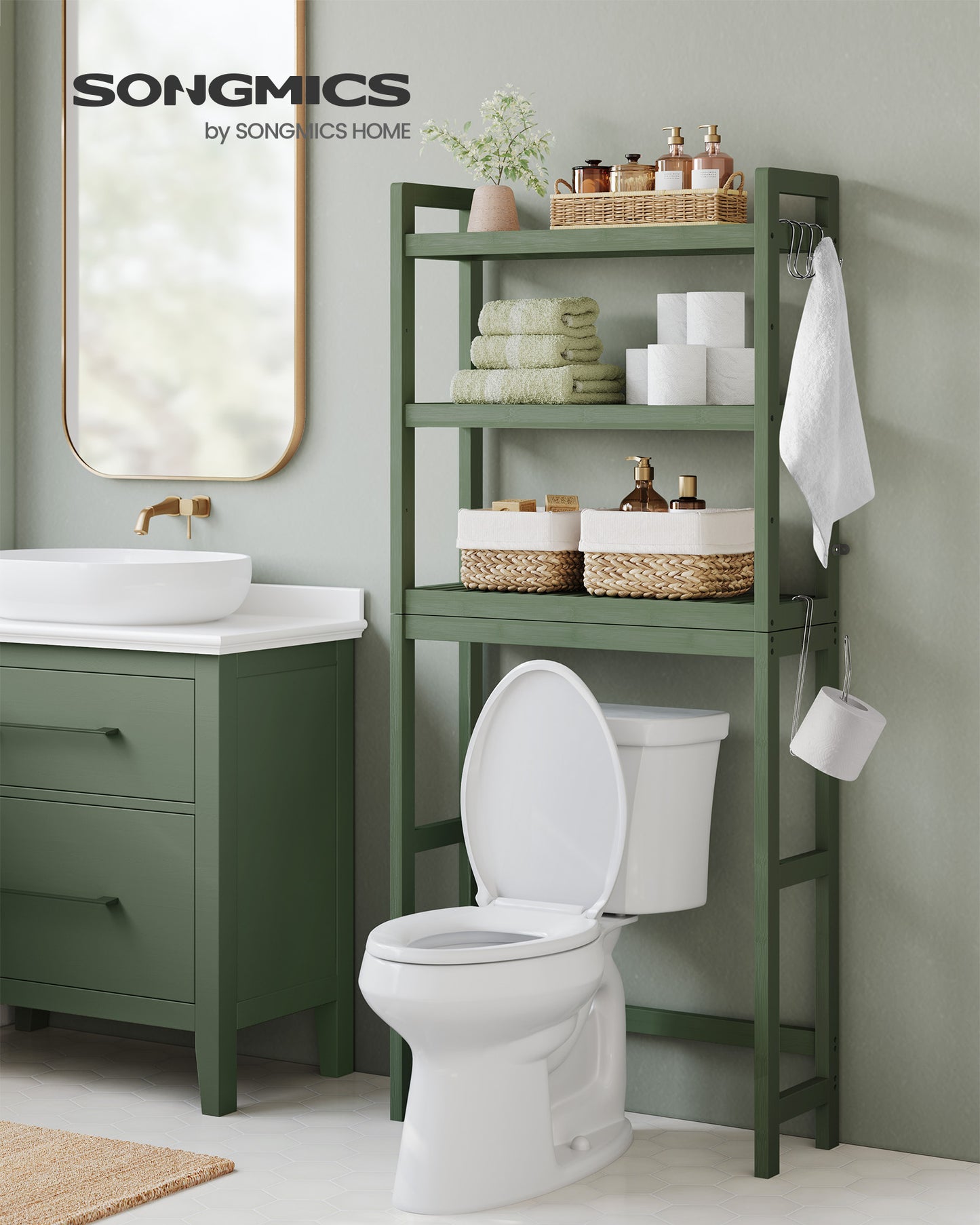 SONGMICS 3-Tier Over The Toilet Storage Bamboo Over Toilet Bathroom Organizer Forest Green